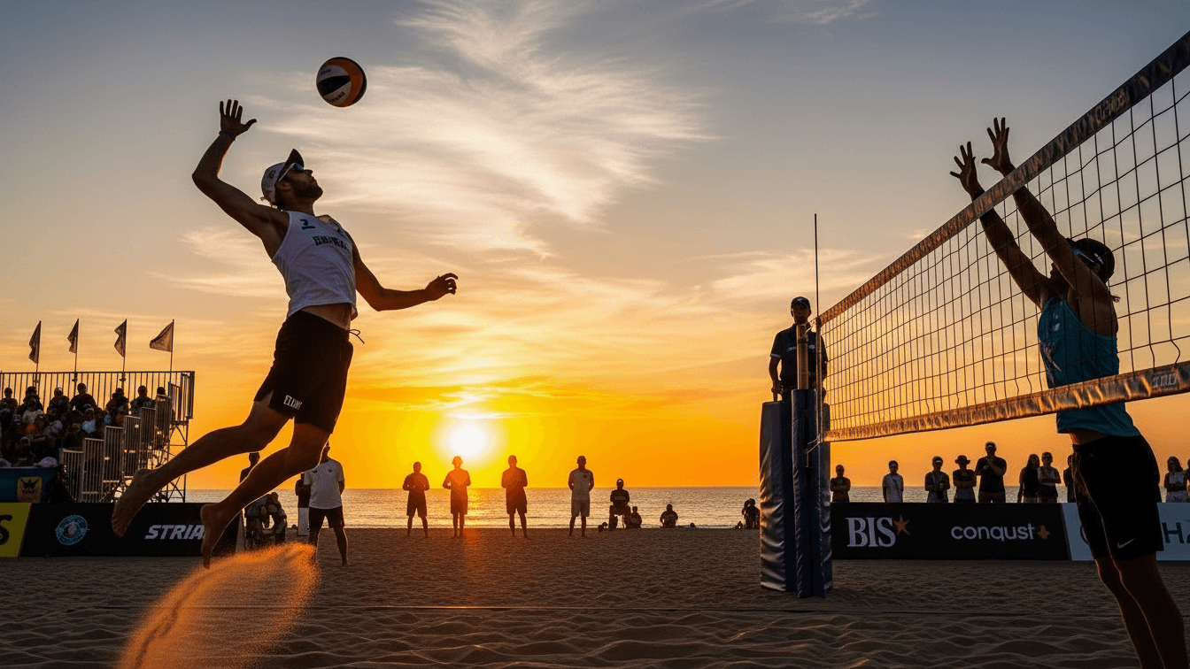 Beach volleyball spike at sunset on the Adriatic coast